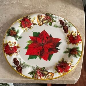 Festive Holiday Plate with Red Poinsettia Design